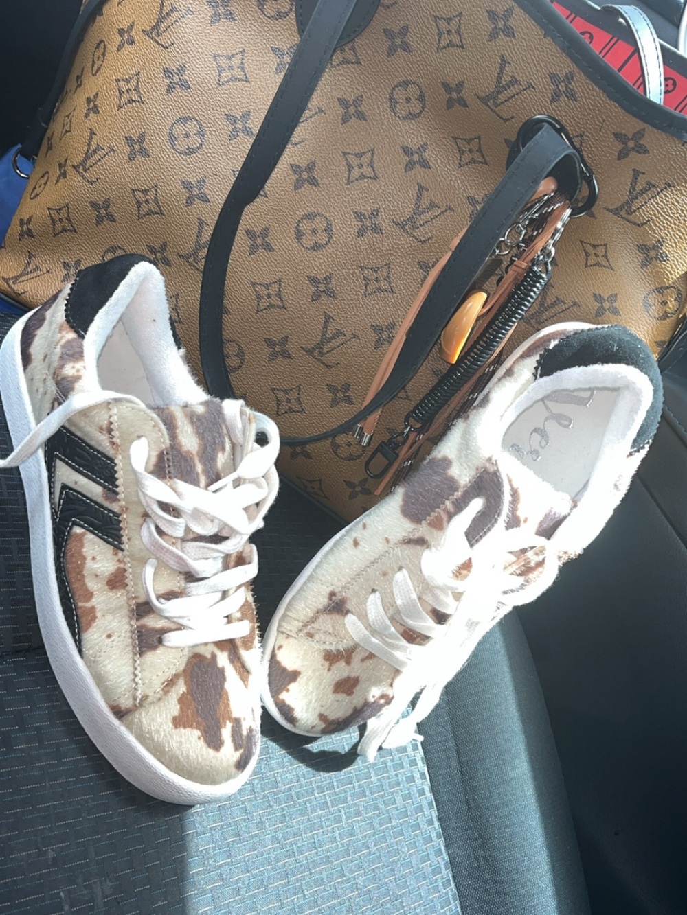Cow-Print Low-Top Sneakers in White & Brown by